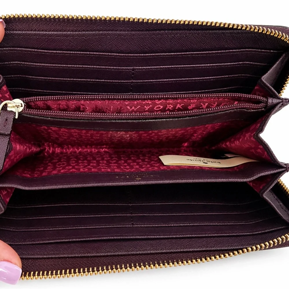 Kate Spade Bow Zip Around Leather Long Wallet Burgundy Pink Wristlet Clutch NWT